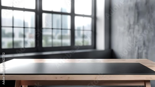 Modern wood table display, window light, lush greenery outside.
