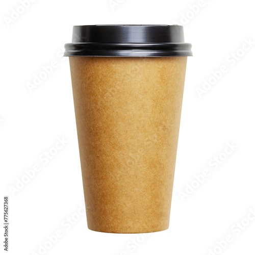 Disposable blank paper coffee cup with black plastic cap isolated on transparent background