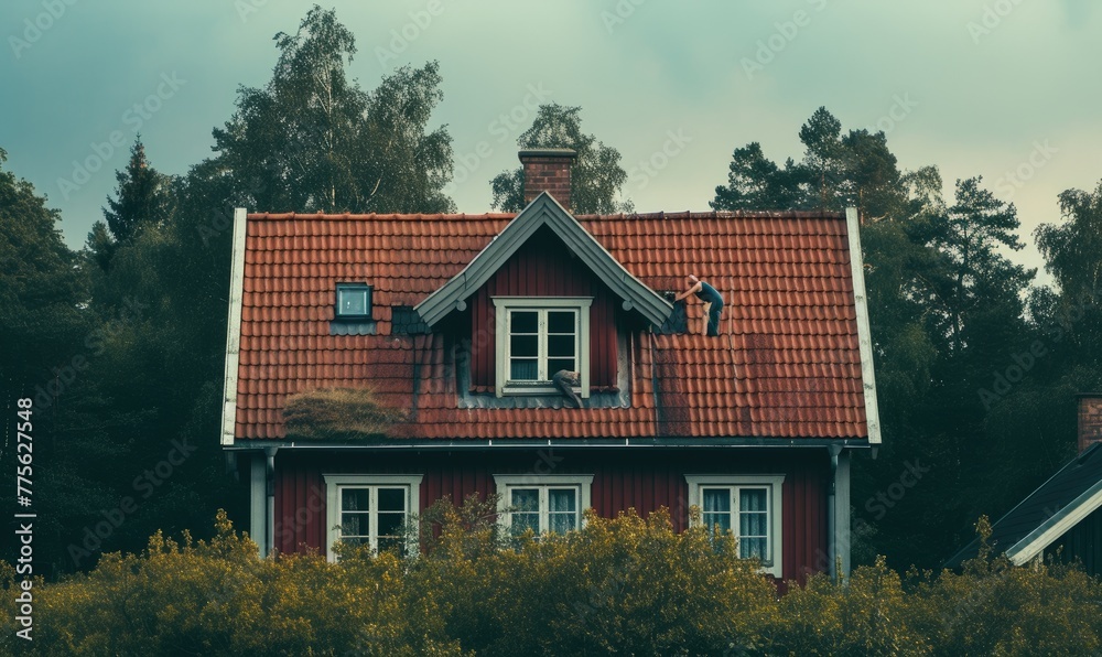 Traditional swedish house style with wood and red color combination in forest nature background Traditional swedish house style with wood and red color combination in forest nature background