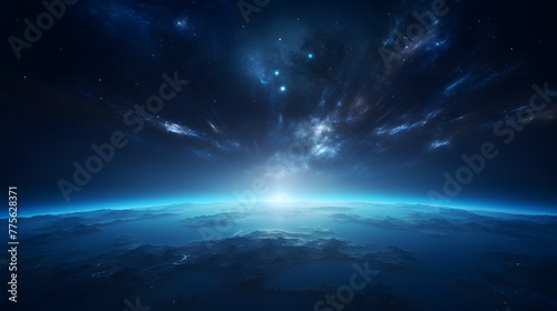 view of the earth from space, blue glowing light at center horizon line, dark sky, stars, cinematic. For Design, Background, Cover, Poster, Banner, PPT, KV design, Wallpaper © horizor