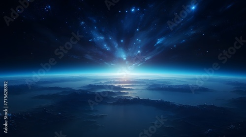 view of the earth from space  blue glowing light at center horizon line  dark sky  stars  cinematic. For Design  Background  Cover  Poster  Banner  PPT  KV design  Wallpaper
