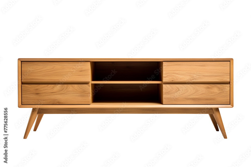 Modern wooden TV cabinet isolated on transparent background, PNG available