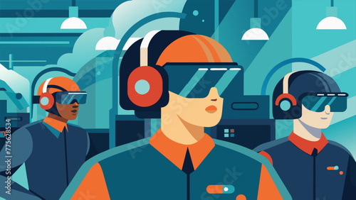 A closeup of a group of microfactory workers wearing headsets utilizing advanced virtual reality technology to train and simulate production