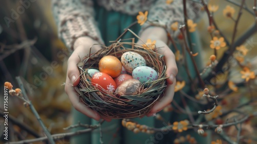 Hands Presenting Nest of Colorful Easter Eggs