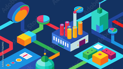 An overhead shot of a manufacturing plant with colorful visualizations of datadriven predictive models overlaid on top showcasing the power of