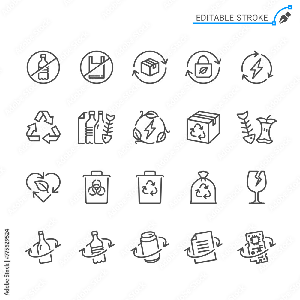 Recycling and zero waste line icons. Editable stroke. Pixel perfect. Recycling and zero waste line icons. Editable stroke. Pixel perfect.