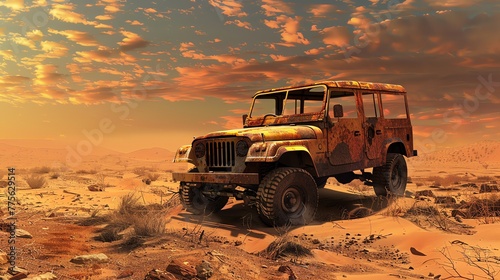 Vehicle wreck in the vast desert photo