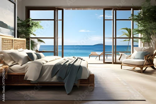 A bedroom with a bed and ocean view © simra