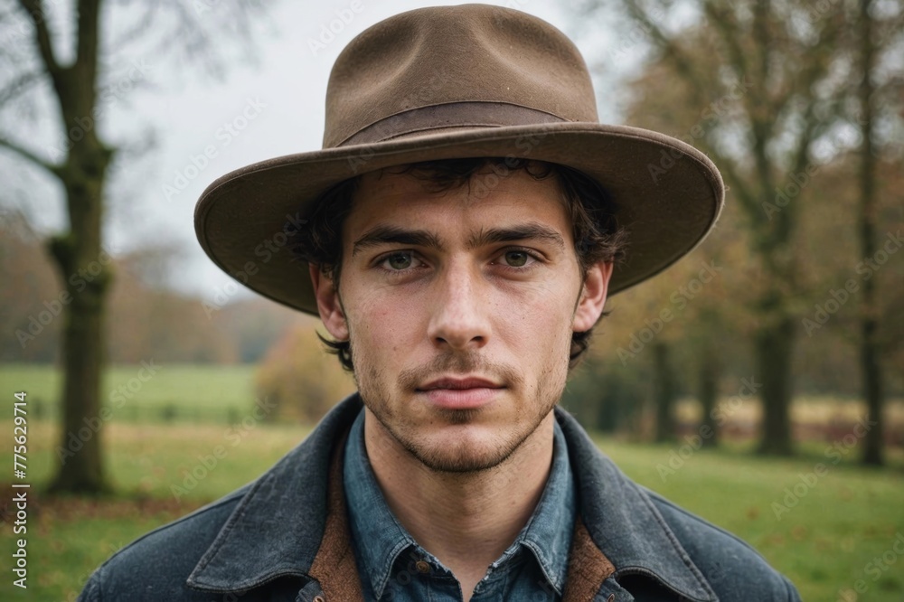 Young man wearing large old hat