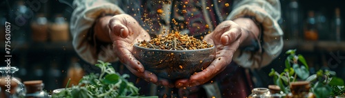 Potion masters hands grinding magical herbs photo