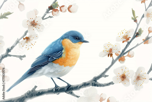 Illustration of a colored bird on a branch of a blooming tree over white backdrop.