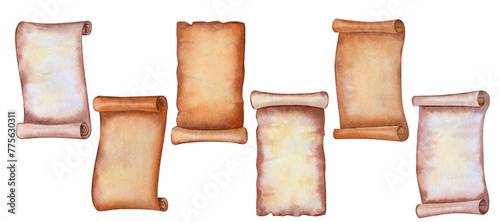 Watercolor old parchment paper scroll sheet, vintage age texture isolated on white background for stylish Book Day, scrapbook, libraries, website, sticker, border, certificate, label, invitation photo