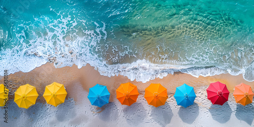 Aerial view of sandy beach with colorful umbrellas, swimming people in sea bay with transparent blue water at sunny day in summer. Travel in Mallorca. generative ai 