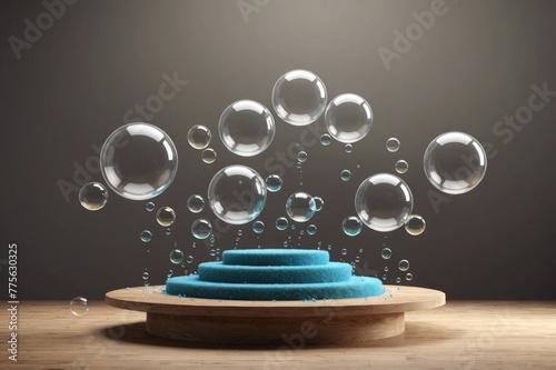 Three dimensional render of bubbles floating over empty podium