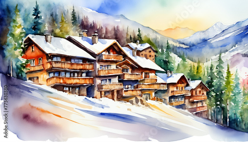 Winter Watercolor of Mountain Lodges in Snow photo
