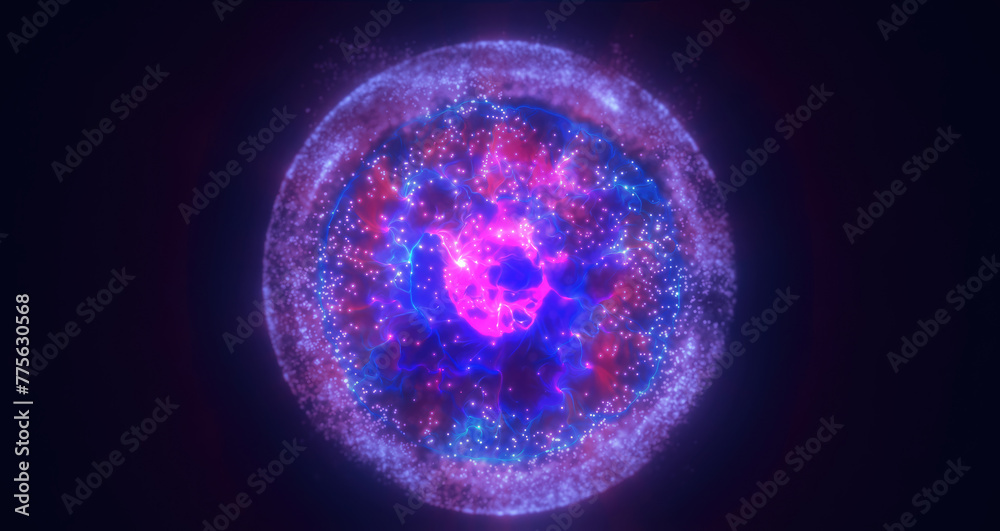 Purple energy magic circle, sphere, ball made of futuristic waves and lines of particles of atomic energy and electricity force field. Abstract background