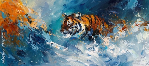 tiger portrait, oil painting, brush strokes, orange and blue background, wildlife art
