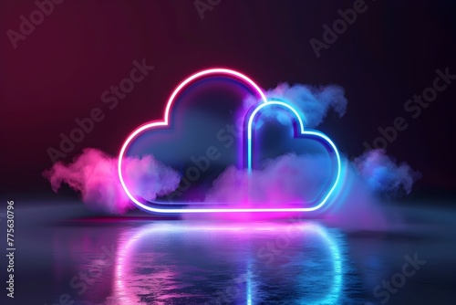 Glowing Neon Cloud Reflection in Surreal Digital Landscape photo