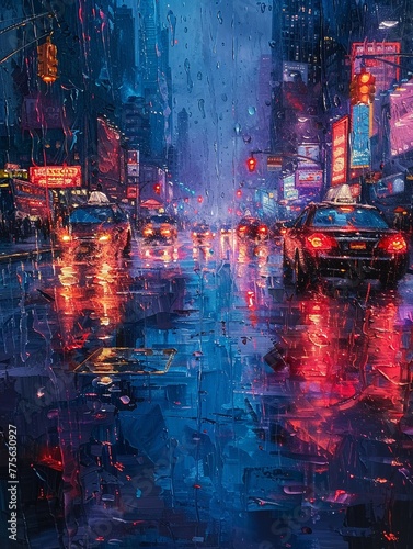 Rain-slicked urban street captured in glossy oil paints