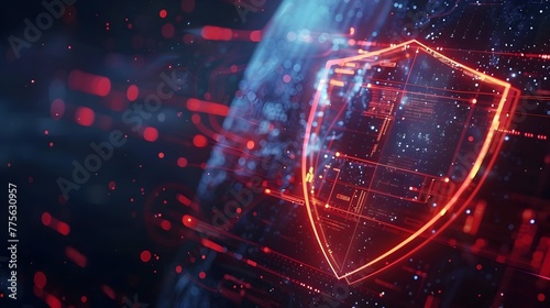 Cybersecurity Data Protection Shield Guarding Against Hacking Attacks in Futuristic Digital Backdrop with Glowing Particles and Energy