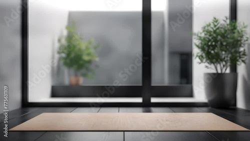 Modern wood product stand displaying items, dappled sunlight, natural environment outside.