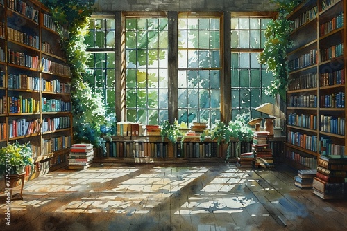 Quiet library corner with sun streaming through windows