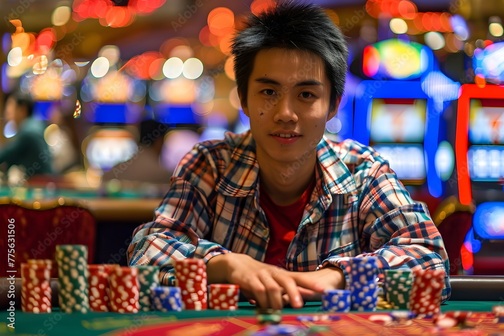 young man playing poker at a casino, gambling concept