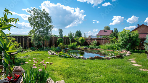Landscaped territory of a private dacha with a pond and decorations photo
