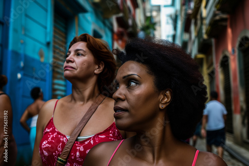 Two older Brazilian women with contemplative expressions walking on a vibrant street, the foreground figure's gaze particularly introspective.