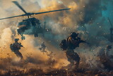 Military soldiers fighting a war with a helicopter in the background