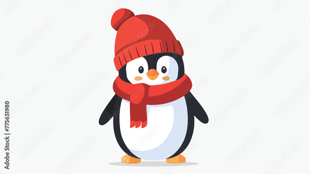Fototapeta premium Cartoon penguin with a cute red hat flat vector isolated