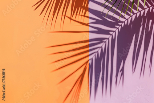 The background on which a palm leaf is reflected, purple and orange background