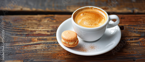 Cup of coffee and macaron on wooden table, coffee cup, gourmet, freshness, dessert, cappuccino