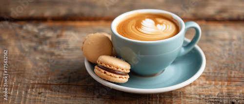 Cup of coffee and macaron on wooden table, food, freshness, cappuccino, background, gourmet