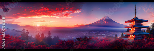  Beautiful landmark travel with sunrise sunset panoramic background and sakura blossom.