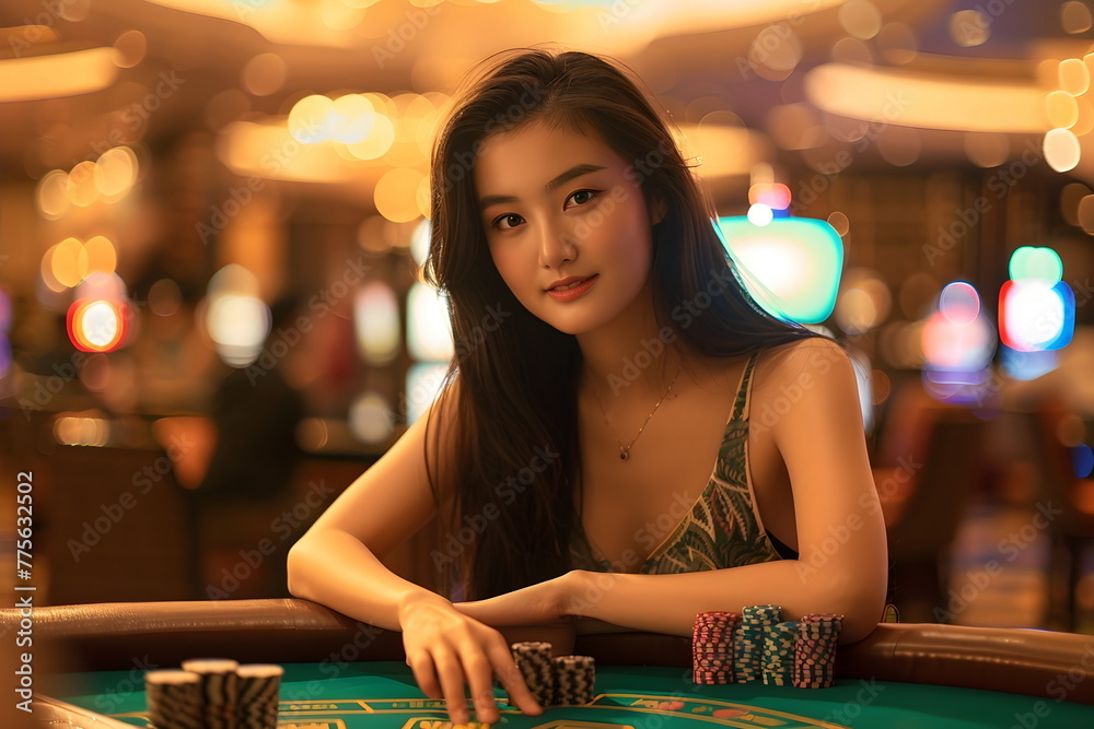 young asian woman playing poker in a casino young asian woman playing poker in a casino
