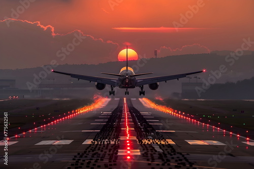 An airplane arriving and landing during sunset in airport