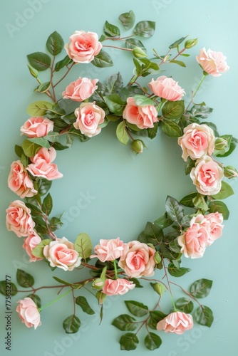 Pink roses and green leaves in a circle frame on a mint pastel floral background.