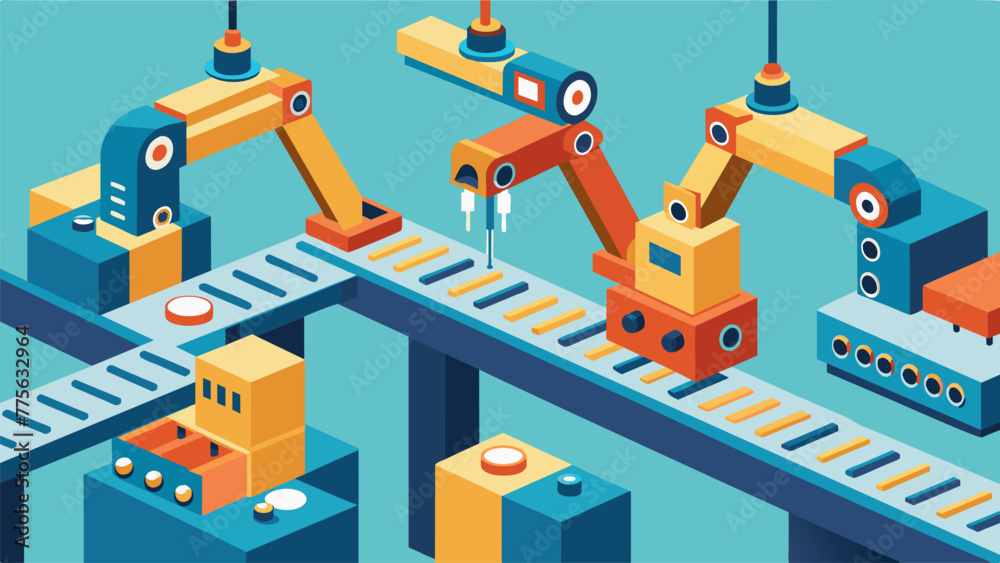 A glimpse of a miniature assembly line with various robotic arms and conveyor belts working in unison to produce prototypes at an impressively A glimpse of a miniature assembly line with various robotic arms and conveyor belts working in unison to produce prototypes at an impressively