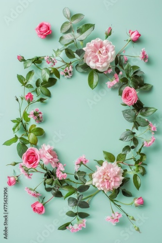 Pink roses and green leaves in a circle frame on a mint pastel floral background.