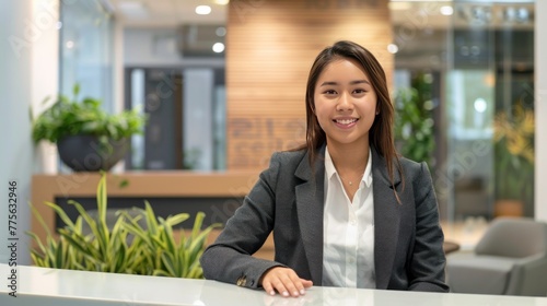 Smiling reception behind front desk