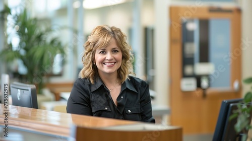 Smiling reception behind front desk