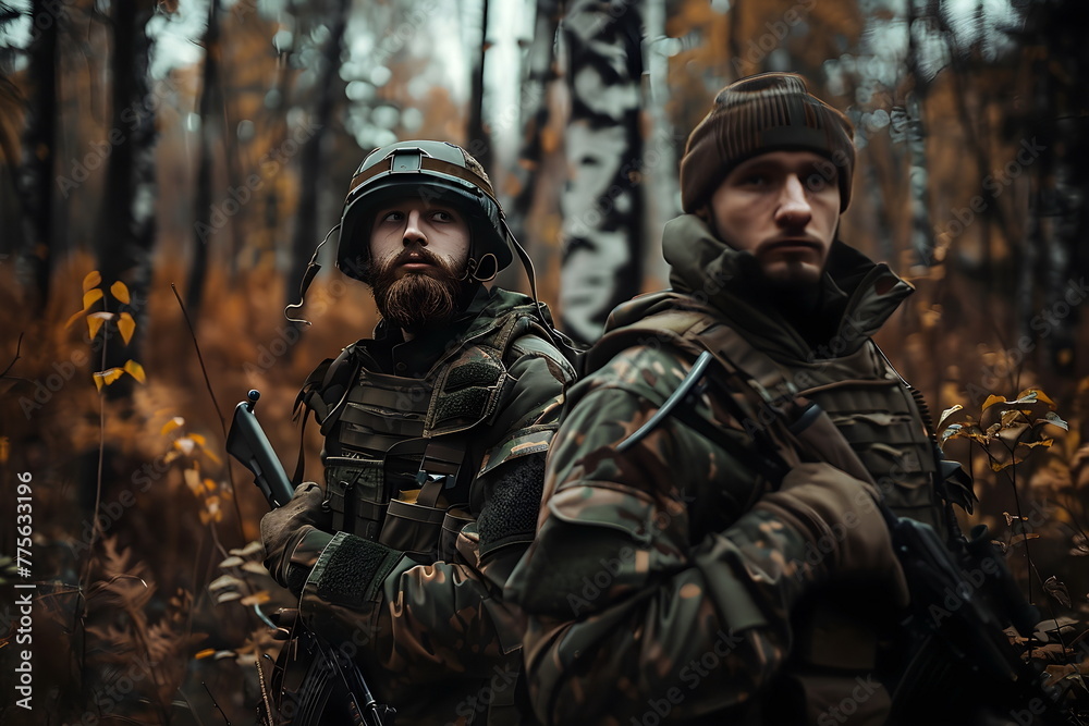 Two military soldiers standing in a forest on a lookout