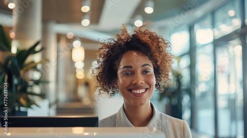 Smiling reception behind front desk