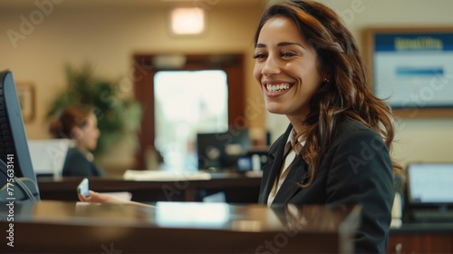 Smiling reception behind front desk