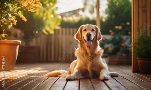 Happy dog on wooden terrace. photo