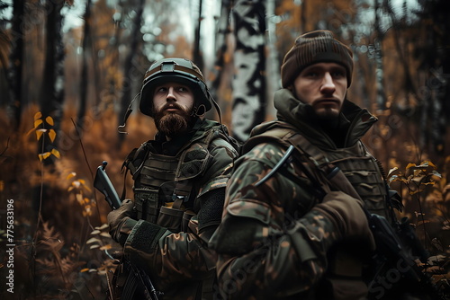 Two military soldiers standing in a forest on a lookout photo