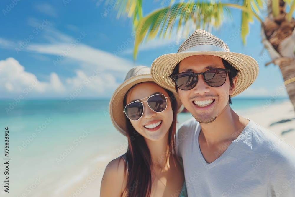 Young couple taking a selfie on a beach with hats and sunglasses on Young couple taking a selfie on a beach with hats and sunglasses on