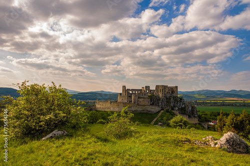 Medieval castle Beckov with surrounding landscape on a spring sunny day  Slovakia  Europe. Discover the history of European castles