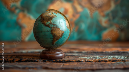 Vintage globe resting on a wooden surface, set against a rustic wooden background.